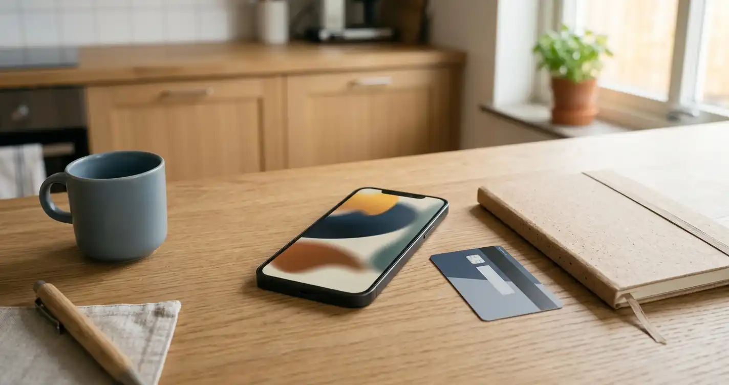 En smartphone bredvid bankkort och anteckningar på ett ljust skrivbord.