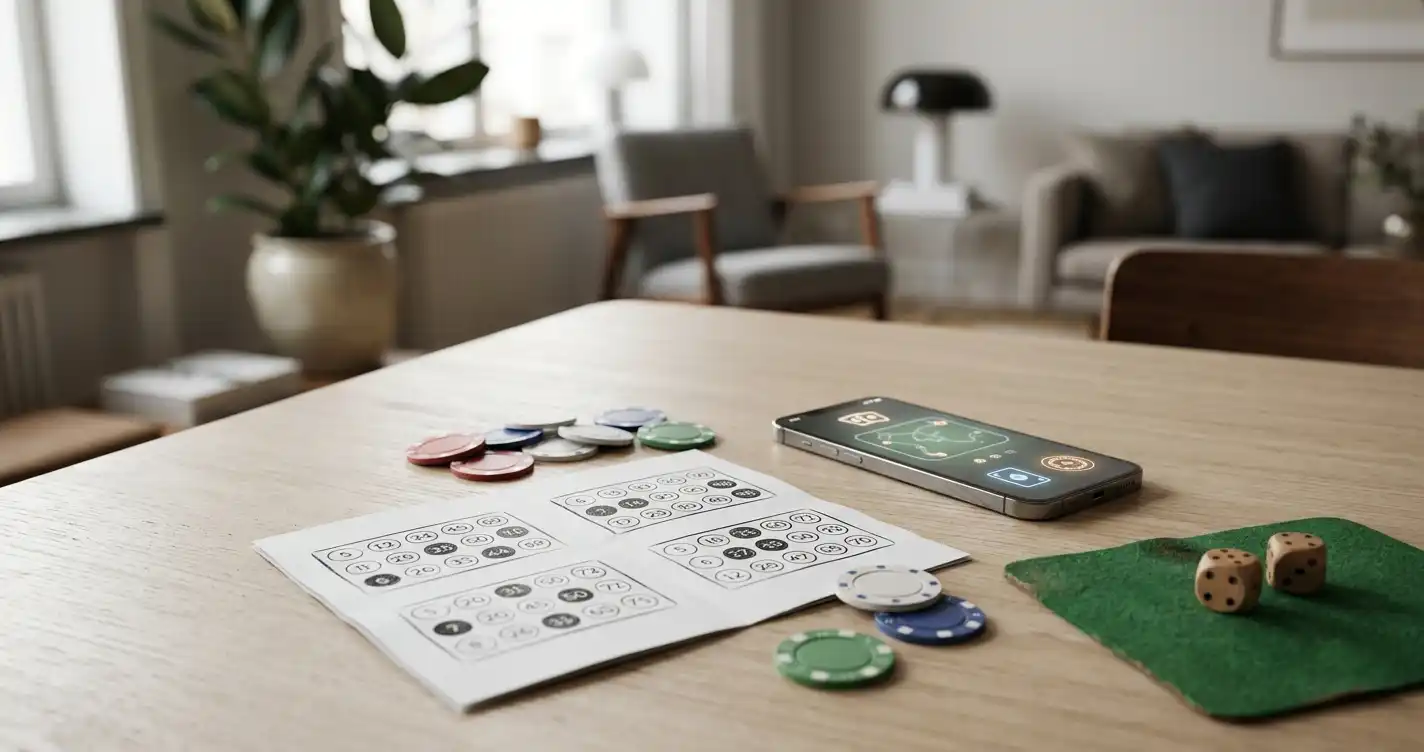 Bingobrickor, spelmarker och ett neutralt upplyst spelbord i en modern miljö.