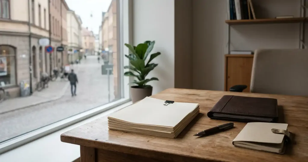 Neutrala dokument på ett träbord framför ett fönster med en svensk stadsmiljö i dagsljus.