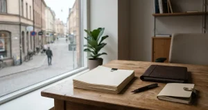 Neutrala dokument på ett träbord framför ett fönster med en svensk stadsmiljö i dagsljus.