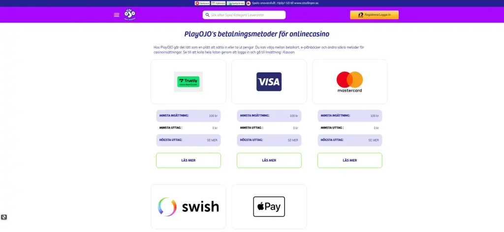 Den svenska betalningsöversikten på PlayOJO:s webbplats i en webbläsarvy.